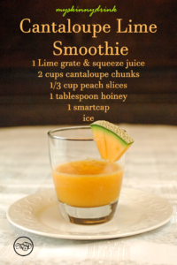 cantalooupe smoothie in glass with cantalope wedge, recipe