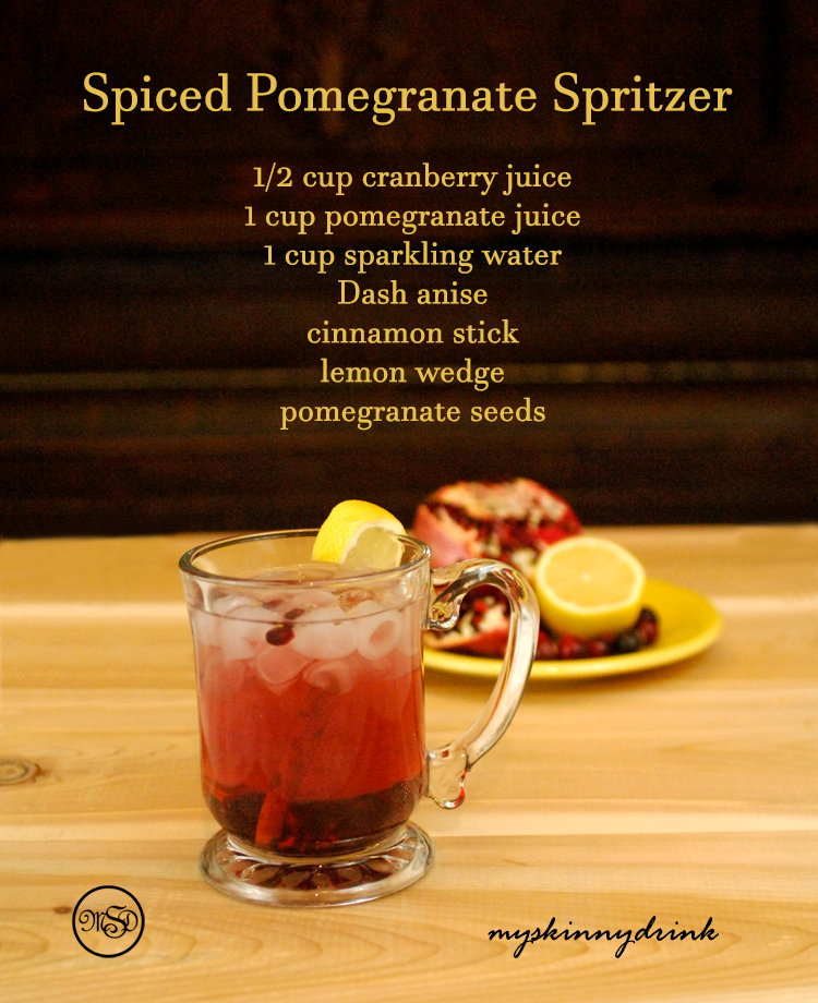 pomegranate drink in clear mug with recipe listed on image